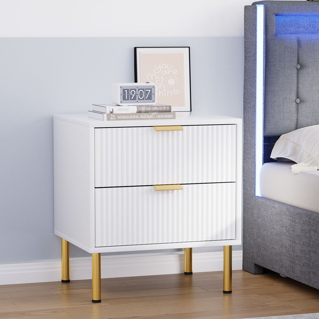 Bedside Table with 2 Drawers White Metal Legs