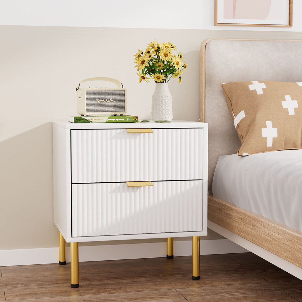 Bedside Table with 2 Drawers White Metal Legs
