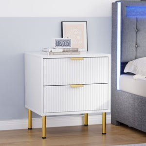 Bedside Table with 2 Drawers White Metal Legs