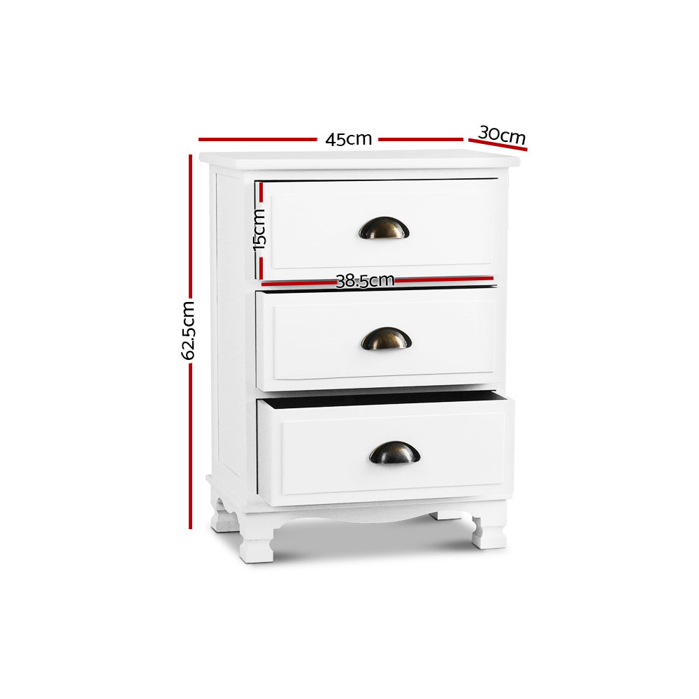 Bedside Table 3 Drawers Vintage - THYME White