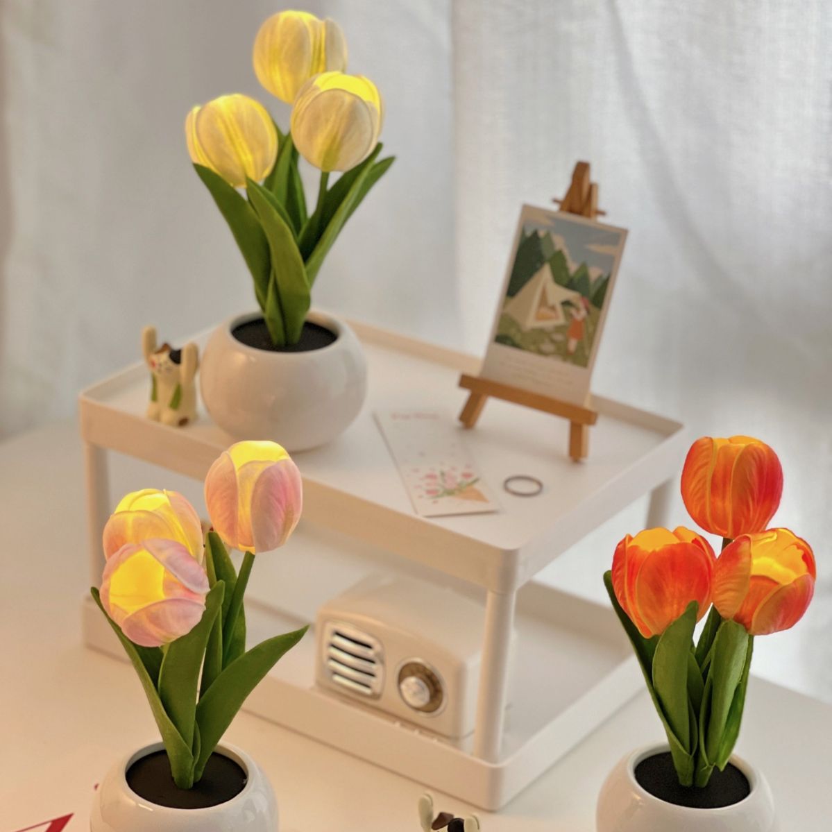 Pink Flowers USB Tulip Night Light - Bedroom Decor Table Lamp with PU Flowers & Ceramic Pot,