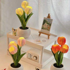 Pink Flowers USB Tulip Night Light - Bedroom Decor Table Lamp with PU Flowers & Ceramic Pot,