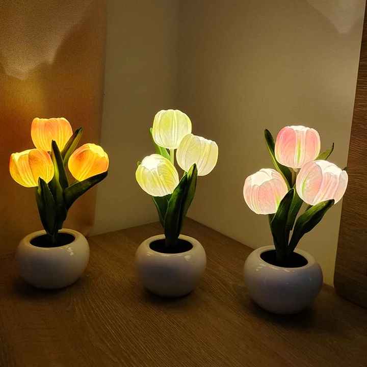 Pink Flowers USB Tulip Night Light - Bedroom Decor Table Lamp with PU Flowers & Ceramic Pot,