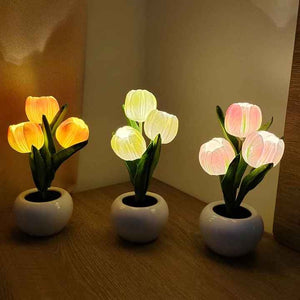 Pink Flowers USB Tulip Night Light - Bedroom Decor Table Lamp with PU Flowers & Ceramic Pot,