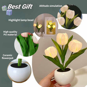Pink Flowers USB Tulip Night Light - Bedroom Decor Table Lamp with PU Flowers & Ceramic Pot,