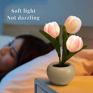 Pink Flowers USB Tulip Night Light - Bedroom Decor Table Lamp with PU Flowers & Ceramic Pot,