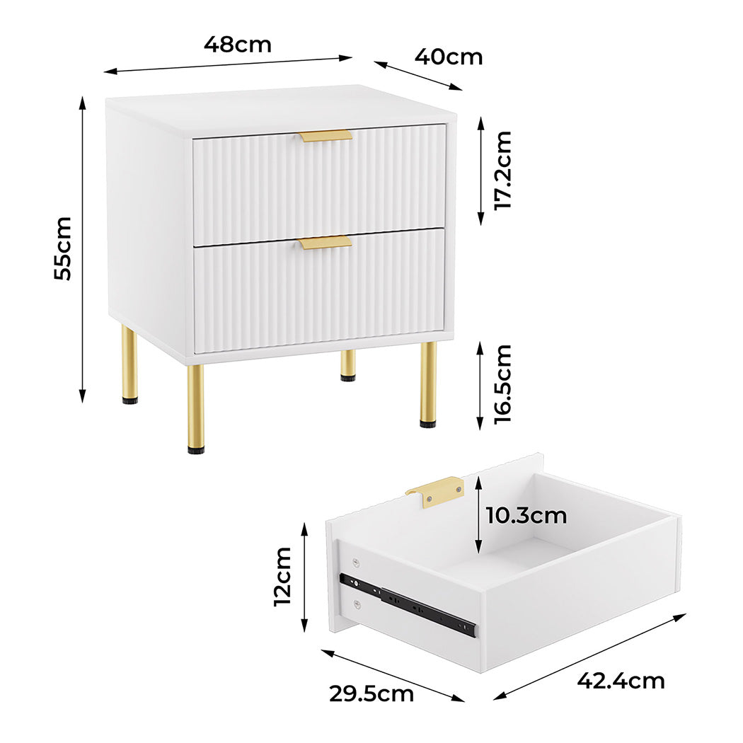 Bedside Table with 2 Drawers White Metal Legs